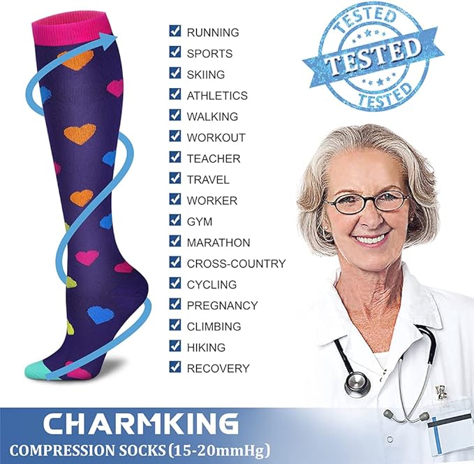 CHARMKING 6 Pairs-Compression Socks for Women & Men Circulation Best Support for Nurses, Running, Athletic,Flight Travel