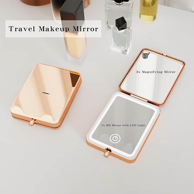 Rose Gold Rechargeable LED Pocket Mirror, 3 Color Dimmable Light 1x/3x Magnifying Compact Travel Makeup Mirror, Portable Folding Handheld Lighted Purse Mirror for Women Christmas Stocking Stuffer Gift