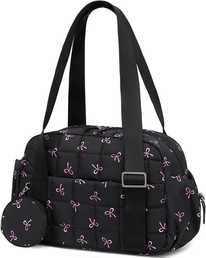CAMTOP Mini Gym Bag for Women, Small Gym Tote Bag Puffy Quilted Sports Duffel Bag with Wet Compartment and Coin Purse Duffel Bags Dance Yoga Workout Bag for Gifts (Black Pink Bow, Mini-12.6")