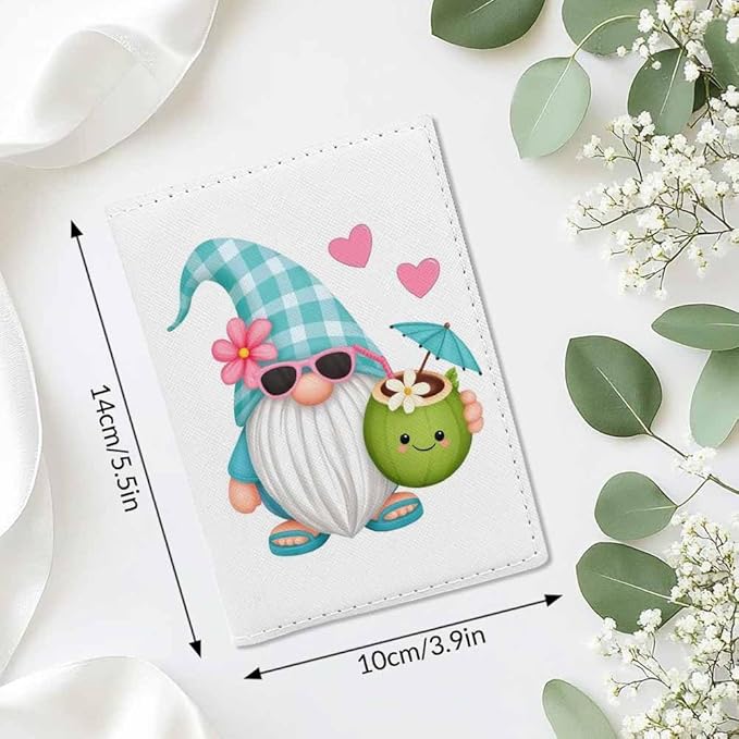 Watercolor Gnomes Passport Holder for Travel Beach Flower Garden PU Leather Passport Cover Wallet Cute Passport Card Holder for Women and Men