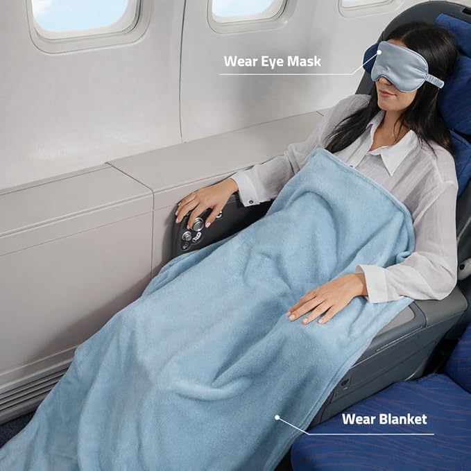 Travel Blanket, Airplane Blanket, Ultra-Soft, Warm & Lightweight, 65x40 in, Outdoor Blanket Essentials for Women, Men & Kids, Included Eye Mask, Luggage Sleeve & Backpack Clip Light Blue