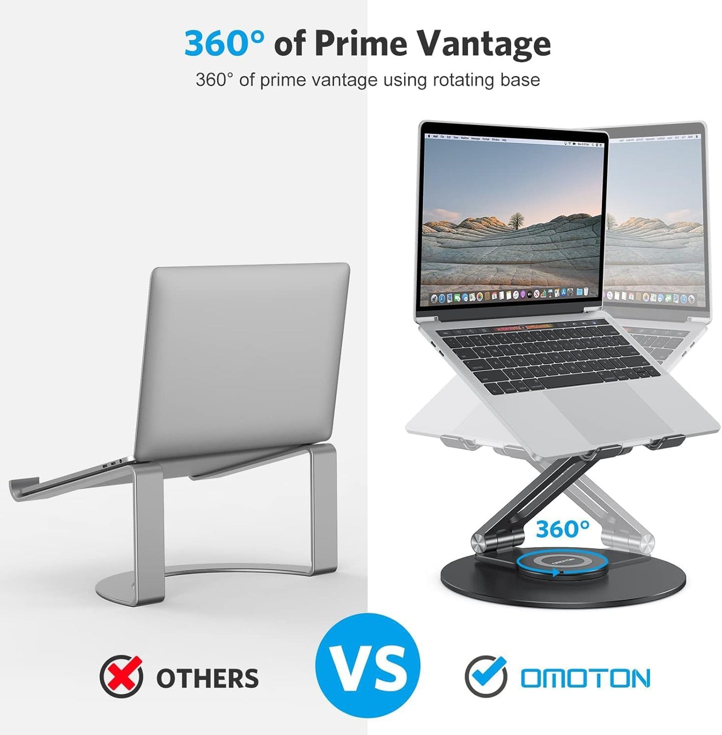 OMOTON Adjustable Laptop Stand with 360 Rotating Base, Ergonomic Laptop Riser for Collaborative Work, Dual Rotary Shaft Fully Foldable for Easy Storage, Fits All Laptops up to 16 inches, Black