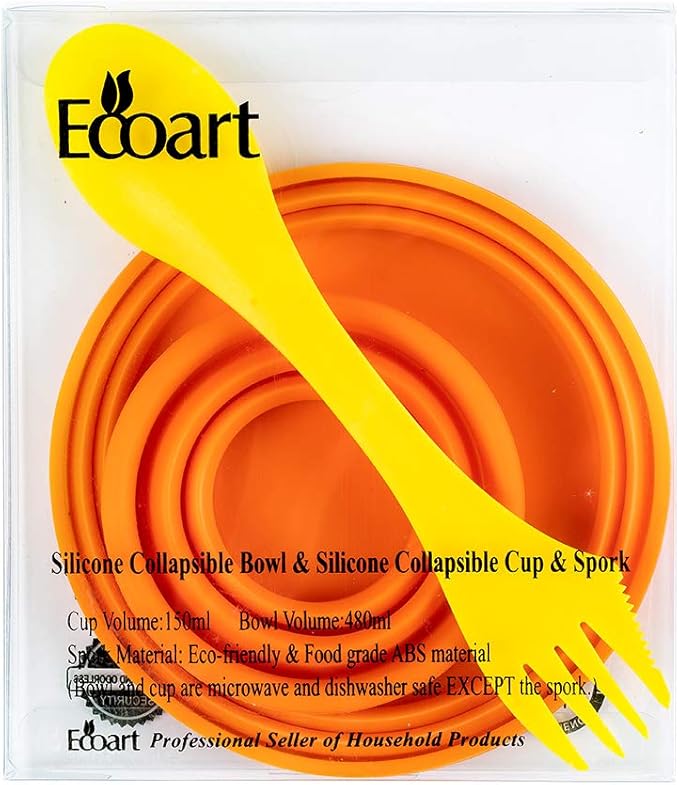 Ecoart Silicone Collapsible Bowl Cup Set with Spork for Outdoor Camping Hiking Travel - Set of 3