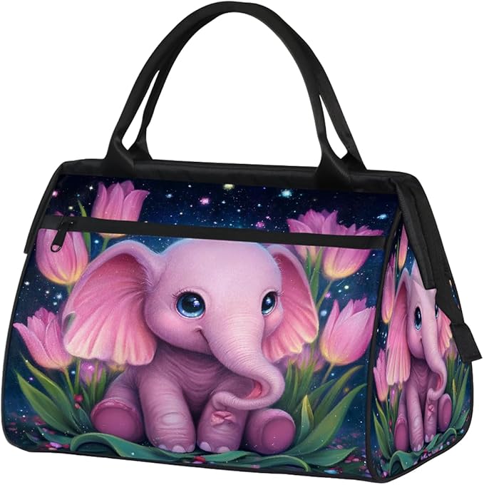 Gym Bag for Women Men, Starry Pink Elephant Tulips Sports Duffel Bags, Waterproof Travel Weekender Overnight Carry On Tote Bags for Travel Sports
