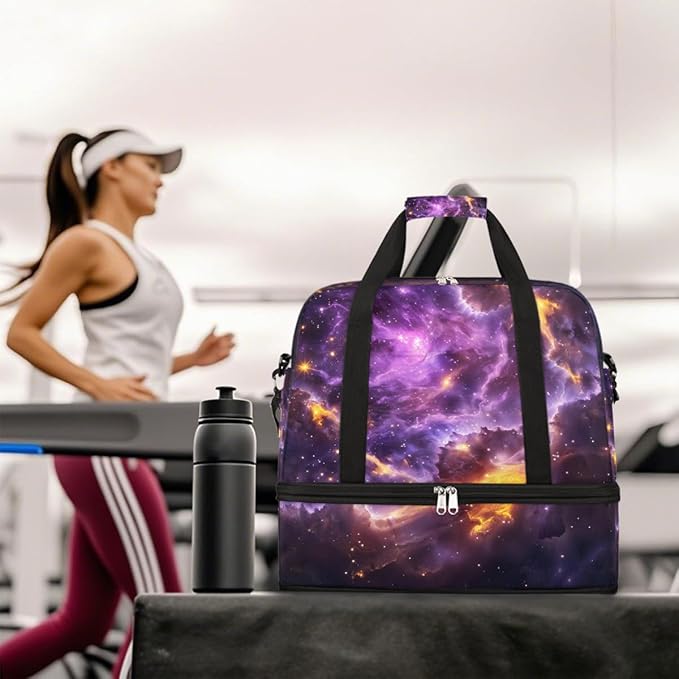 Purple Gold Abstract Nebula Large Weekender Bag with Shoe Compartment Travel Duffel Bags for Women Carry On Hospital Overnight Bag Foldable Personal Item Travel Bags Tote Gym Sports Airplanes
