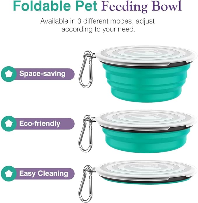 Pawaboo Collapsible Dog Bowls 2 Pack, Silicone Feeding Watering Bowls with Lids & Carabiners for Dogs Cats, Portable Collapsable Water Feeder Food Bowl for Walking Traveling Home Use, VioletTurquoise