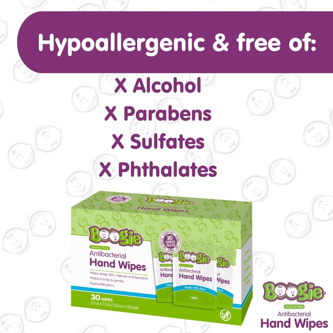 Boogie Antibacterial Hand Wipes, Alcohol Free, Hypoallergenic and Moisturizing Aloe, For Kids and Adults - 30 Wipes (Pack of 2)