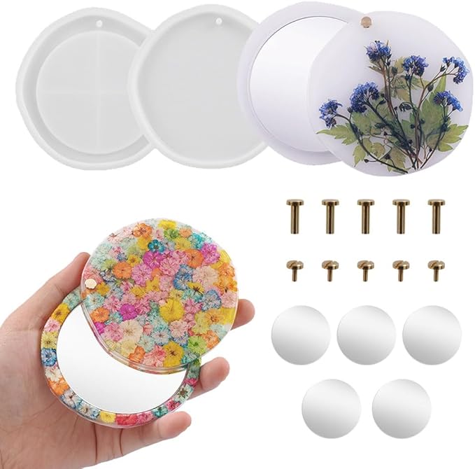 BIGEBO Makeup Mirror Resin Mold Kit, Compact Mirror Resin Mold with 5Pcs Acrylic Mirror Pocket Silicone Molds for Epoxy Resin Craft DIY