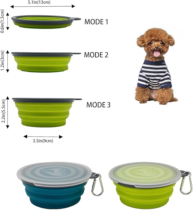 Small Collapsible Dog Bowl 12oz,2 Pack Portable and Foldable Pet Travel Bowls with 2 Carabiners & Lids for Dogs Cats and Small Animals (Blue+Green+Grey, 350ml)
