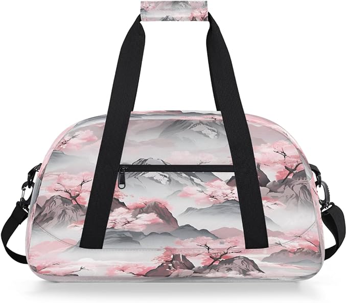 Travel Duffle Bag, Pink Cherry Blossom Mountains Waterproof Weekender Overnight Bags for Women Men Lightweight Carry on Duffle Gym Bag for Travel, Sports, Fitness, Workout