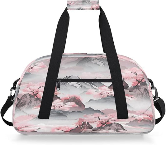 Travel Duffle Bag, Pink Cherry Blossom Mountains Waterproof Weekender Overnight Bags for Women Men Lightweight Carry on Duffle Gym Bag for Travel, Sports, Fitness, Workout