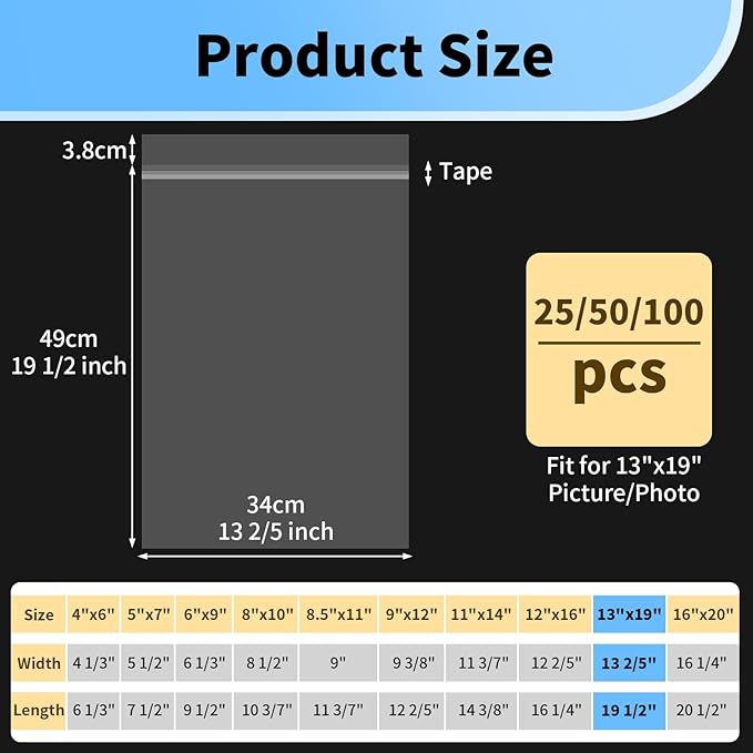 50 Pack Clear Plastic Bags 13x19 - Acid Free 1.57 mil (Single Side) Thick Heavy Duty Newspaper Protector Sleeves Self Adhesive Poster Protector Clear Plastic Sleeves for Paper 13x19 Photo Paper