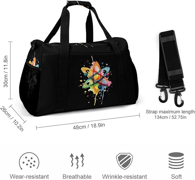 Watercolor Atom Science Duffle Bag Gym Bag for Workout Travel Tote with Detachable Straps