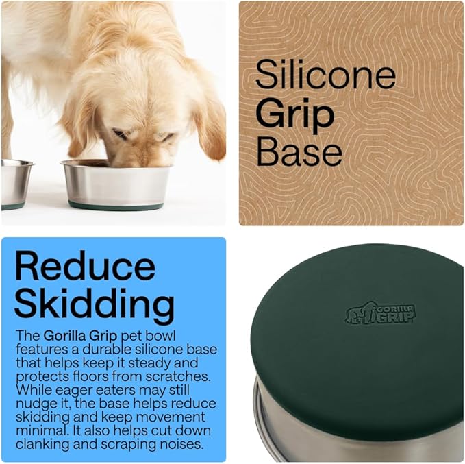 GORILLA GRIP Dog Bowls, Heavy Duty 304 Stainless Steel, Holds 4 Cups Each (32 fl oz) Food and Water Bowl for Feeding Dogs and Cats, Dishwasher Safe, Rust Resistant, BPA Free Rubber Base Set of 2 Green