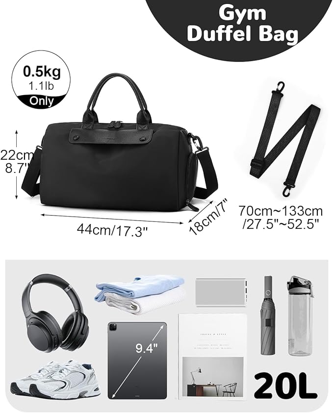 Gym Bag for Men Women with Shoe & Wet Compartment, 20L Waterproof Personal Item Carry On Travel Duffle Bag, Small Sports Duffel Bags for Fitness Workout Swimming Dance, Black