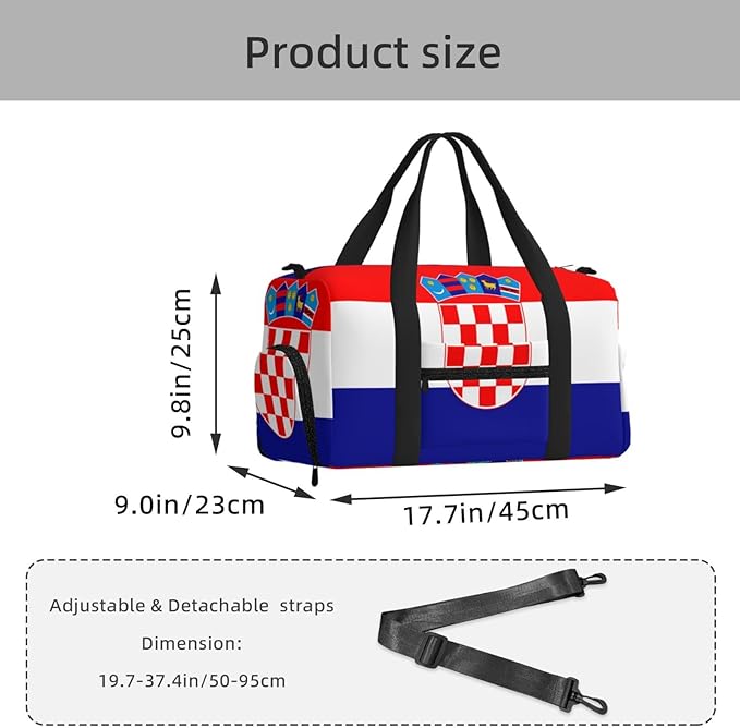 Republic of Croatia flag Print Gym Bag with Shoe Compartment for Women Men, 17.7in Sports Duffle Weekender Tote, Overnight Travel Duffel Bag Carry On