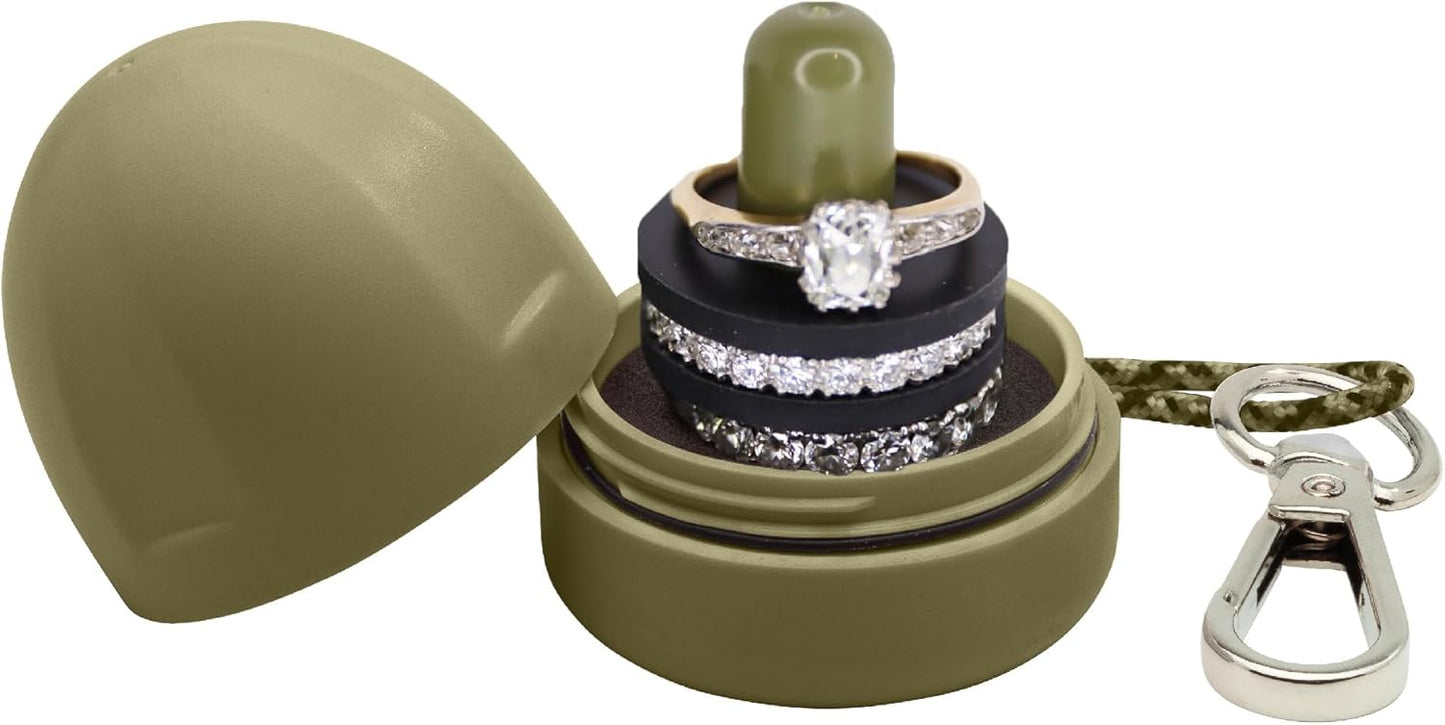 RING THING - Ring Holder Keychain, Jewelry Organizer and Storage, Portable Waterproof Ring Holder, Pill Box Keychain Container, Gym Accessory, and Travel Ring Case (Olive Green)