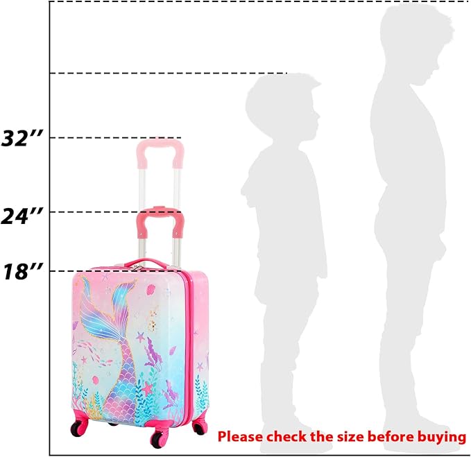 Sanwuta 4 Pcs Kids Luggage Set Rolling Suitcase Backpack U-shaped Pillow Kids Carry On Gift for Summer Travel Family Trip(17 Inch,Mermaid's Tail Style,Blue Purple)