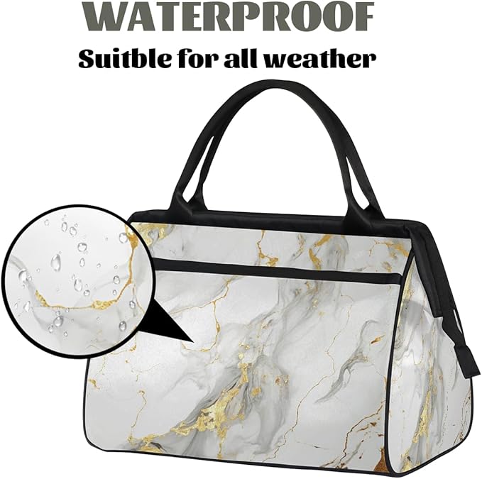 Overnight Weekender Bags for Women Men, White Gold Marble Print Waterproof Travel Carry On Duffel Bag, Lightweight Sports Gym Bag for Fitness, Workout, Travel