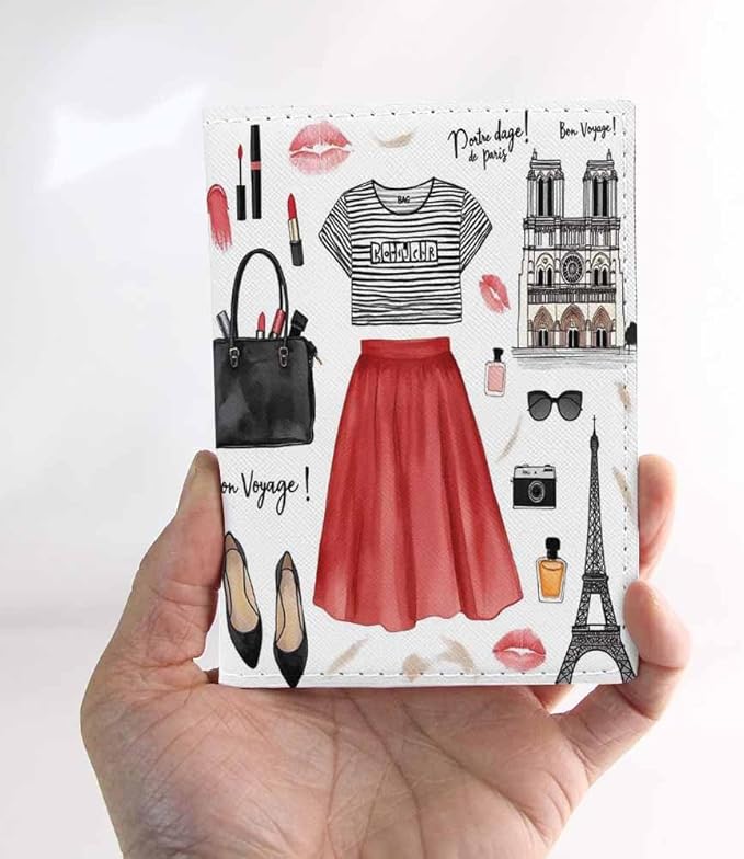 Paris Girl Style Passport Holder for Travel Shirt Shoes Eiffel Tower Bag Glasses PU Leather Passport Cover Wallet Cute Passport Card Holder for Women and Men