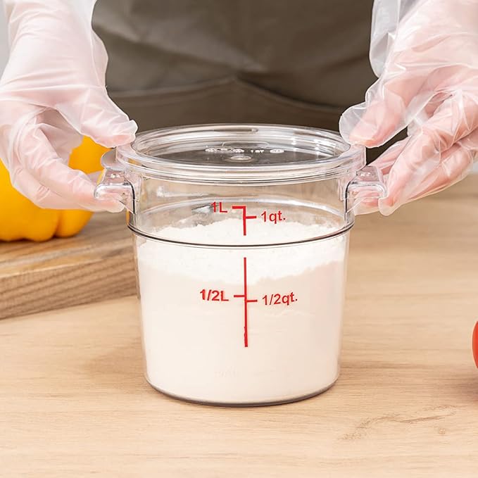 Restaurantware Met Lux 1 Quart Food Storage Container, 1 Round Commercial Storage Container - Lid Sold Separately, With Volume Markers, Clear Plastic Food Prep Bucket, Space-Saving Storage