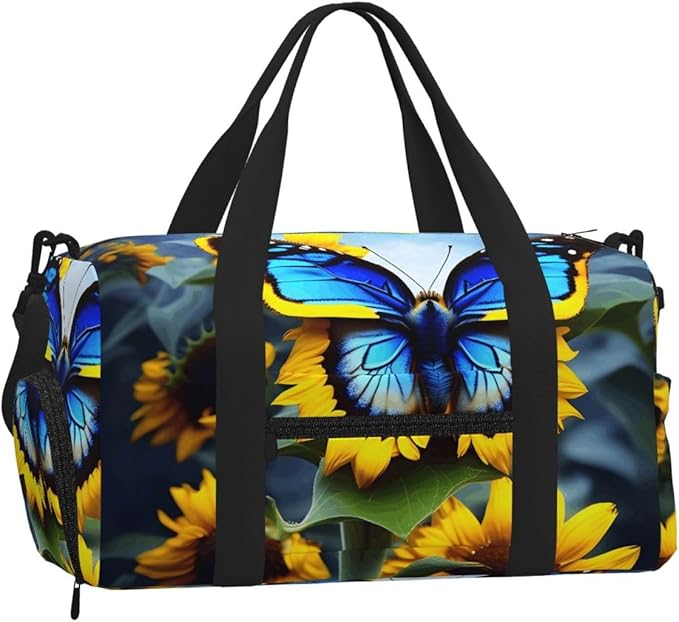 Sunflower Blue Butterfly Print Gym Bag with Shoe Compartment for Women Men, 17.7in Sports Duffle Weekender Tote, Overnight Travel Duffel Bag Carry On