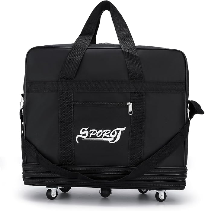 M Size Expandable Travel Oxford Duffel Bag with Wheels Waterproof Lightweight Traveling Foldable Suitcase (Black)