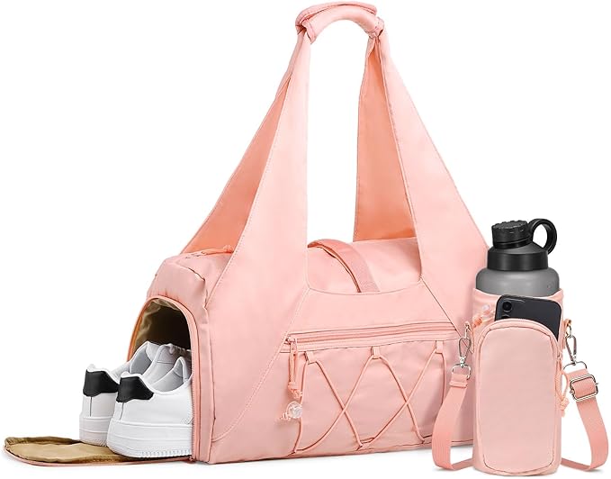 Small Gym Bag for Women, Mini Duffel Bag with Shoe Compartment, Cute Sports Tote Bag Dance Yoga Mat Luggage with Crossbody Water Bottle Bag, Pink