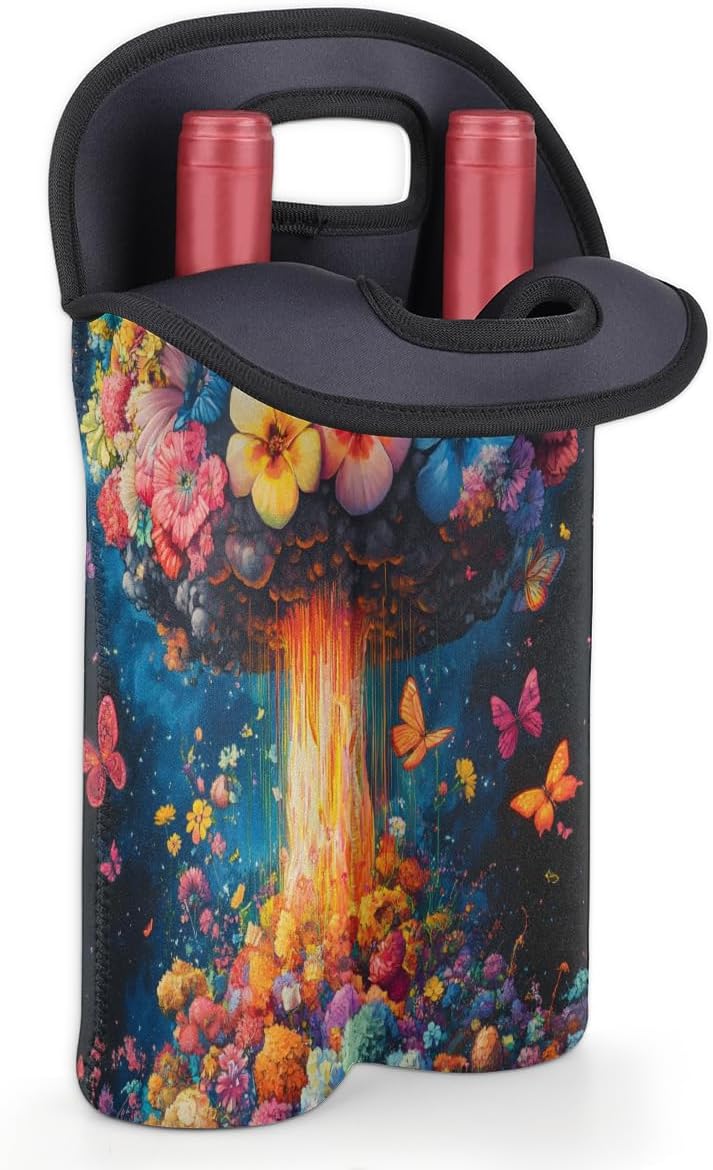 Neoprene Wine Tote, Bottle Carrier Gag Insulating Neoprene Thicker, Insulated Wine Bag for Travel Holds Two Bottles, Bottle Carrier Bags Protect the Bottles, Mushroom Flower