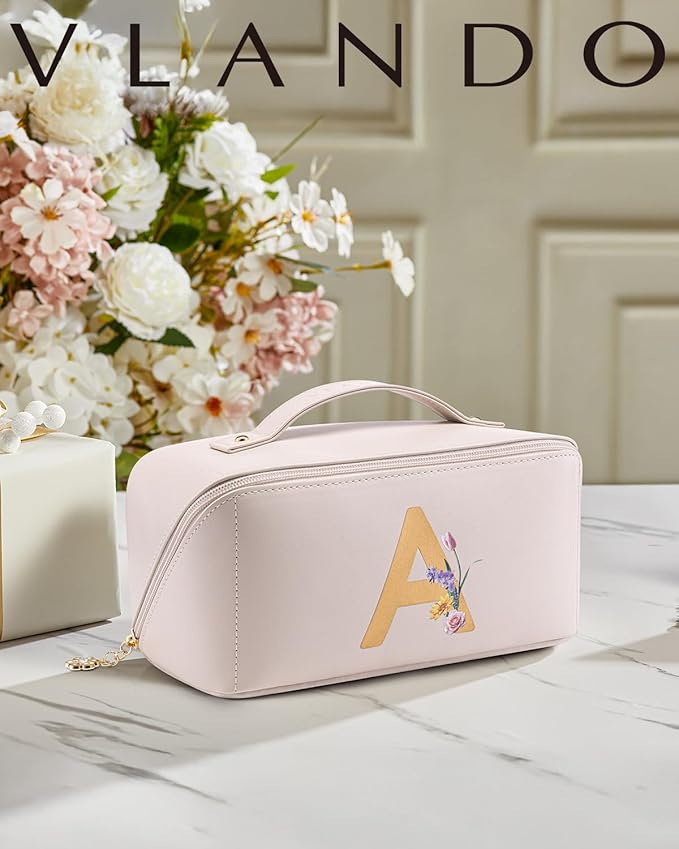 Vlando Mothers Day Mom Gifts,Graduation Gifts for Girls,Personalized Makeup Bag,Makeup Organizer Bag,Preppy Stuff Gifts for Teen Girls Birthday Gift for Women Friends Sister(Letter A)