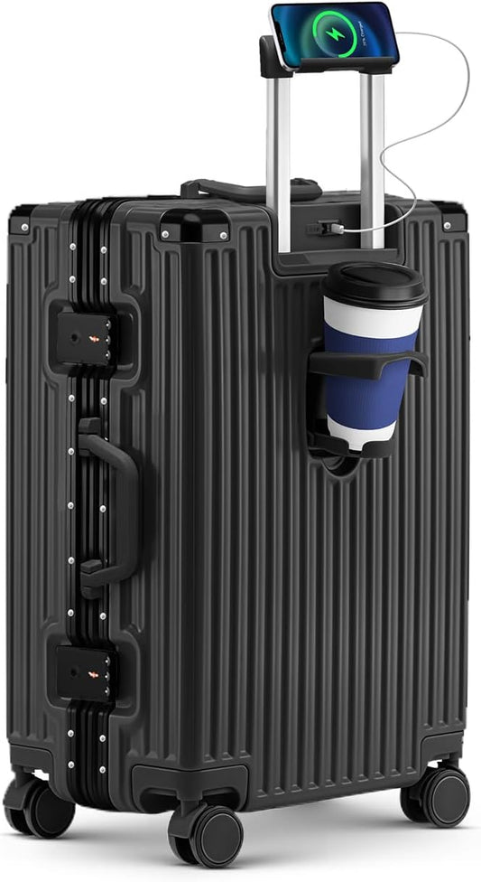 20 Inch Carry On Suitcase, Aluminum Frame Zipperless Hard Shell Luggage with Spinner Wheels, TSA Lock, USB Charging Port, Phone Holder, Cup Holder for Business Travel and Trips, Black