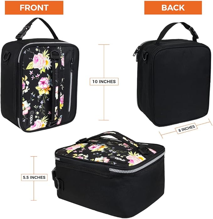 opux Premium Insulated Lunch Box for Men, Women | School Lunch Bag for Girls Kids | Compact Adult Lunch Pail Work Office Cooler | Soft, Leakproof, 4 Ways to Carry | Fits 12 Cans (Black Floral)