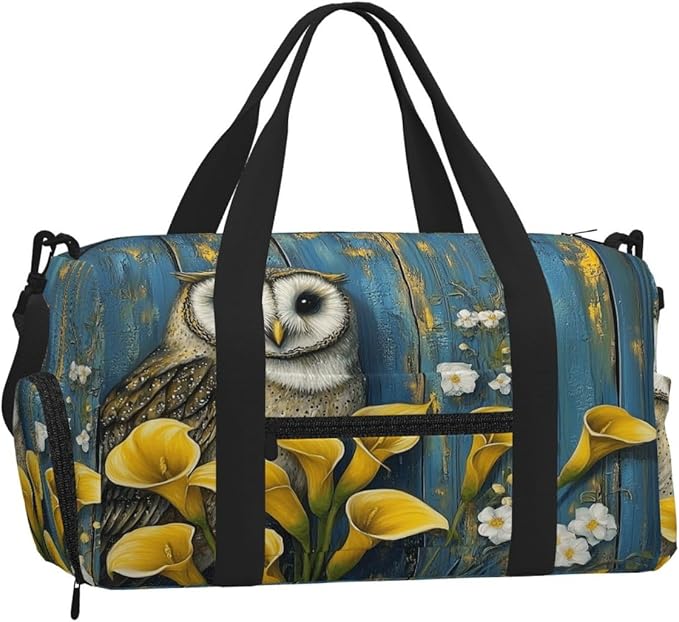 Sports Gym Bag Owl Yellow Calla Lilies Wooden Board Travel Duffel Bag With Shoe Compartment Shoulder Strap, Lightweight Water-Resistant Weekend Overnight Totes For Women Men