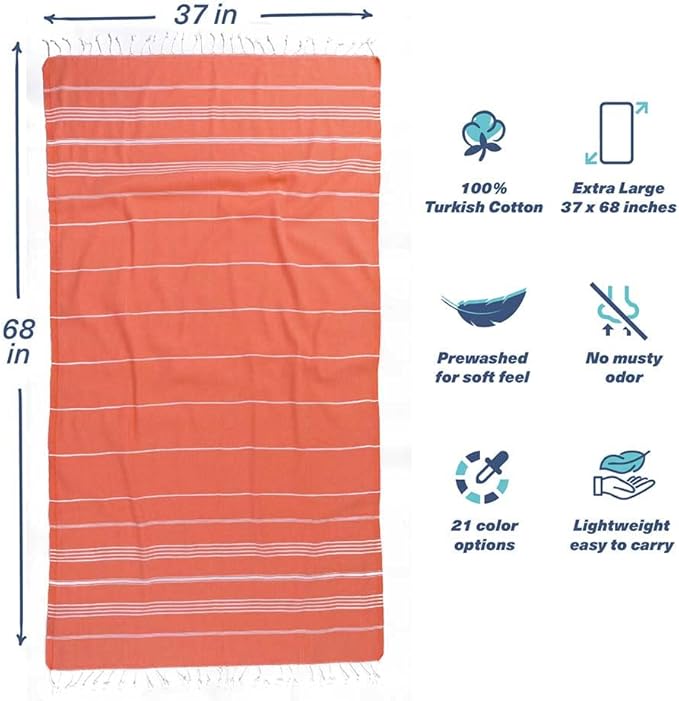 Hencely Turkish Beach Towel 37x68 Oversized, Sand-Free, Quick-Dry, Lightweight - Travel Essential for Pool & Bath - Striped 100% Cotton Bathroom Towels Accessories Gift (Coral)