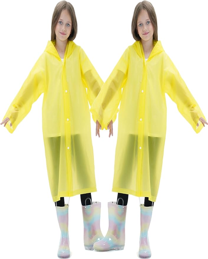 2 Pack Raincoats for Kids, Reusable Rain Ponchos with Hood and Sleeves Rain Coats for Boys and Girls
