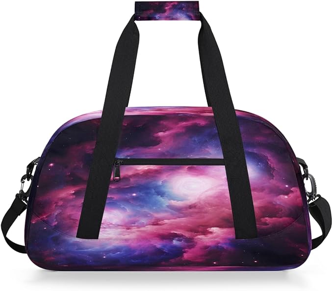 Pink Purple Nebula Print Sports Duffel Bags, Water-Resistant Gym Duffle Bag for Men Women, Lightweight Weekender Overnight Bag for Fitness, Workout, Travel