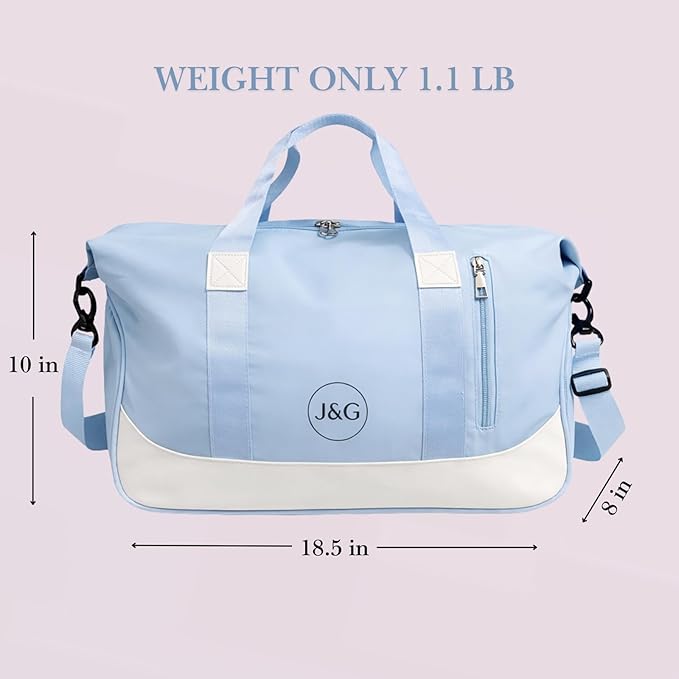 J&G Waterproof Gym Duffel Bag – Lightweight Travel & Sports Bag with Shoe Compartment and Wet Pocket for Men & Women – Carry-On Weekender for Gym, Beach, Trips – 8 Colors (Light Blue)