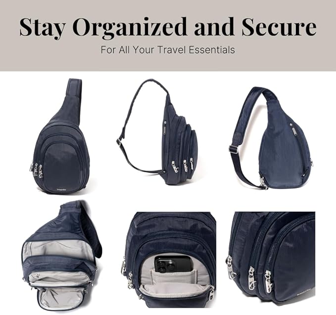 Baggallini Securtex® Anti-Theft Triple Zip Sling - Travel Backpack Sling Bag Crossbody - RFID Wallet Locking Zipper