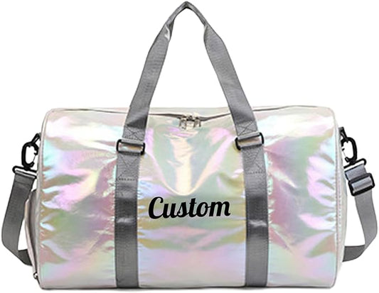 Personalized Holographic Gym Bag for Girls & Women, Custom Name Duffle Bag with Shoe Compartment & Wet Pocket, Weekender for Dance Cheer Travel (White)