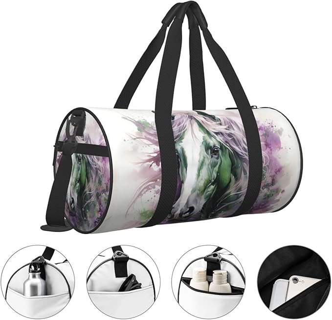 Green Horse Sports Gym Bag for Women Men Travel Duffel Bag Tote Weekender Bag Canvas Carry on Overnight Bag for Travel Swimming Fitness Workout Sports Duffle Bag