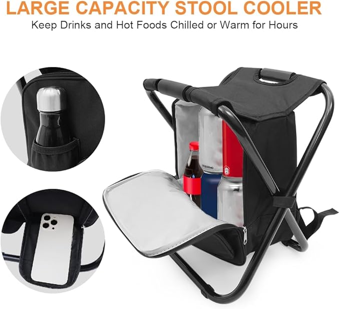 Portable Folding Camping Stool, Backpack with Cooler Bag, Hiking Seat, Outdoor Fishing Hunting Gifts, Black