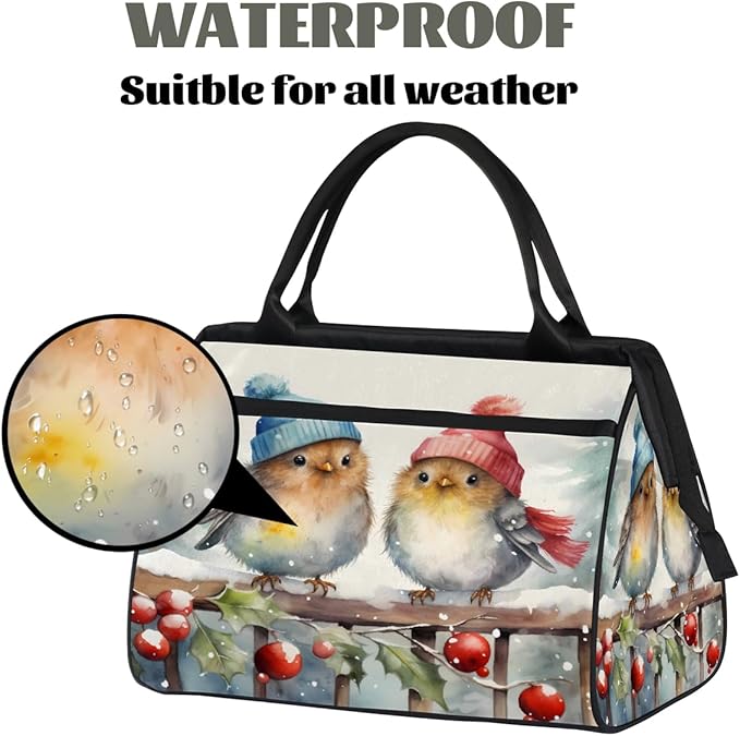 Winter Bird Holly Leaf Overnight Weekender Bags for Women Men, Waterproof Travel Carry On Duffel Bag, Lightweight Sports Gym Bag for Fitness, Workout, Travel