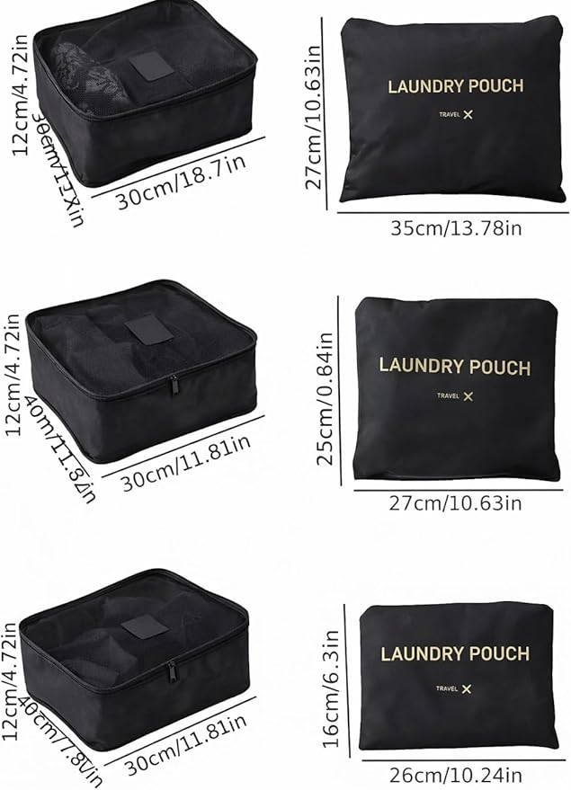 6 Set Travel Packing Cubes for Luggage – Laundry Pouch Organizer Bags, Lightweight Storage Pouches for Clothes, Shoes, and Toiletries (black)