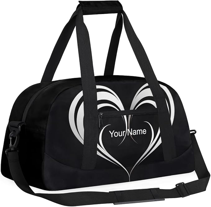 Custom Name Black White Hearts Men & Women Gym Travel Duffle Bag， Personalized Sports Bag for Overnight, Weekender, Carry On，18.9 * 8.7 * 10.6 in