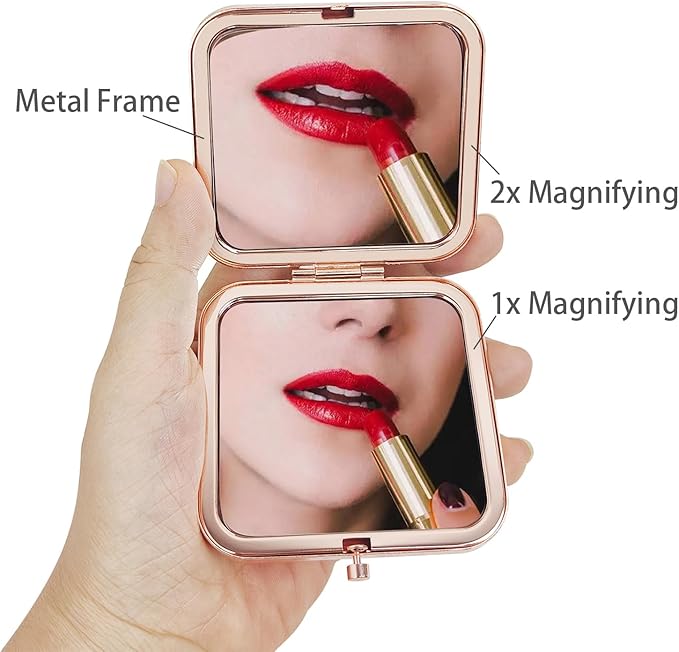 Small Compact Mirror, Rosegold Square 2.8”×2.8” Metal Frame Smooth Style Double Sided Mini Magnifying 1X/2X Mirror for Purse Can be Used as Gifts for Woman (RG01)