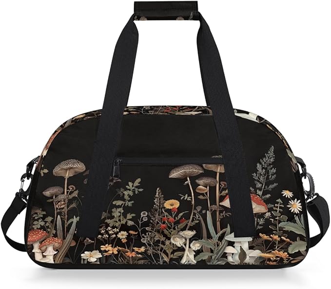 Duffle Bag for Women Men, Dark Forest Mushroom Floral Art Gym Bag for Travel Sports, Lightweight Waterproof Weekender Overnight Bags with Adjustable Strap
