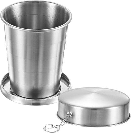 Stainless Steel Collapsible Travel Cup, 15oz(450ml) Reusable Collapsible Metal Cup Portable Foldable Water Bottle with Lid and Keychain for Travel/Camping/Hiking
