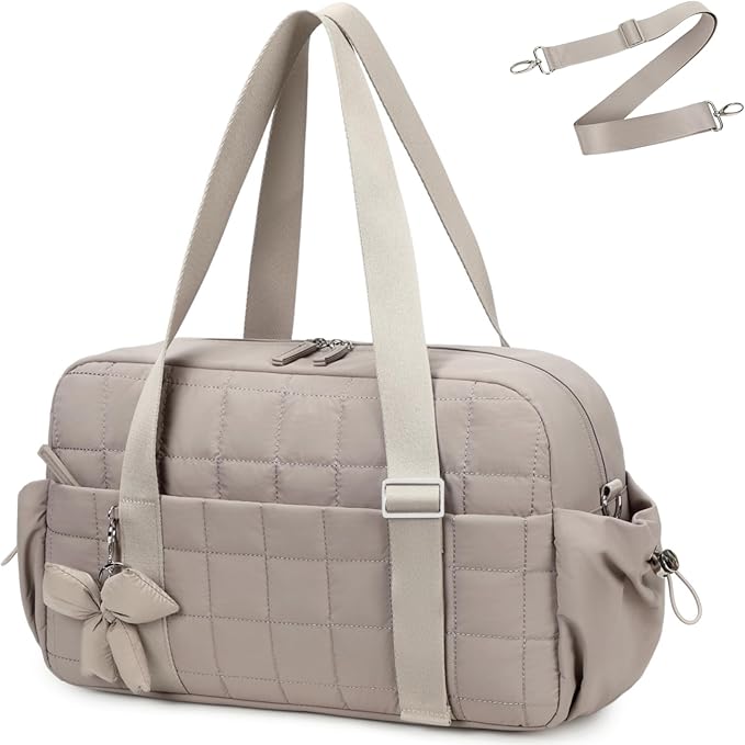 CAMTOP Mini Gym Bag for Women, Small Gym Tote Bag Puffy Quilted Sports Duffel Bag with Wet Compartment and Coin Purse Duffel Bags Dance Yoga Workout Bag for Gifts (Camel-16in, Medium-16")