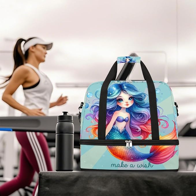 Rainbow Mermaid Girls Large Weekender Bag with Shoe Compartment Travel Duffel Bags for Women Carry On Hospital Overnight Bag Foldable Personal Item Travel Bags Tote Gym Sports Airplanes
