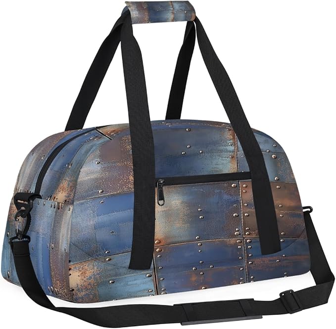 Kids Duffle Bag Girls Boys Rustic Metal Iron Plate Effect Weekender Overnight Bag,Lightweight Duffel Bags for Traveling Gym Sport Dance